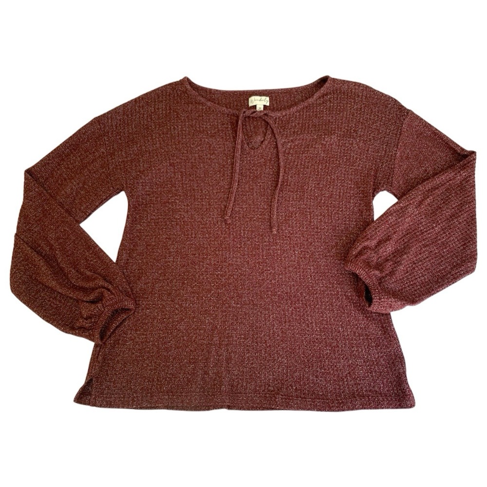 Wonderly Shirt Women‎ M Burgundy Long Sleeve Tie Neck Waffle Knit Pullover Top